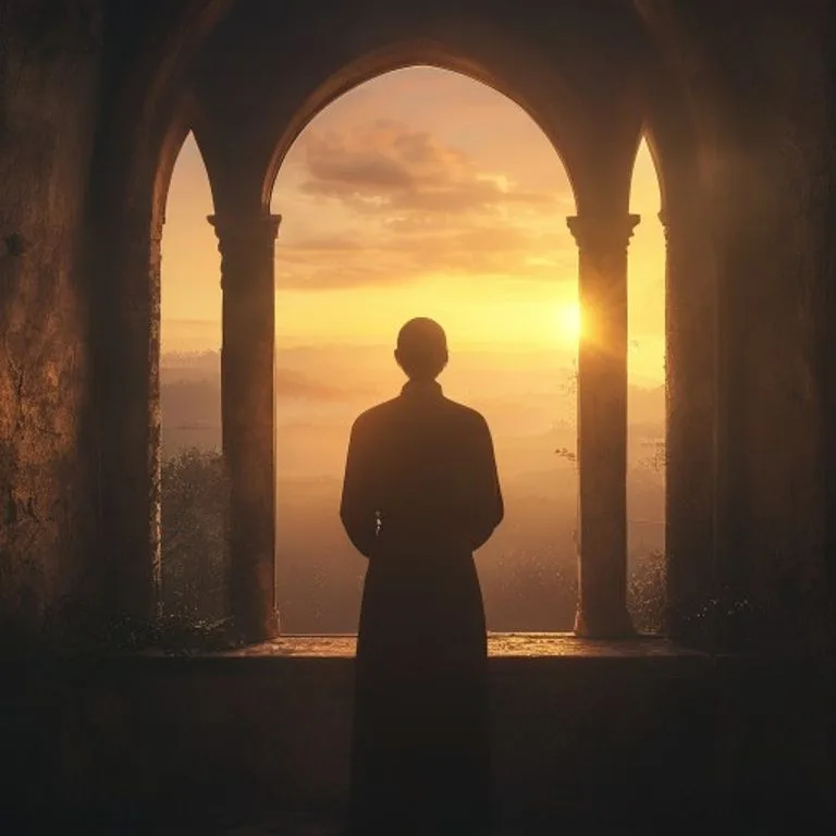 Persona en contemplación serena frente a un amanecer, simbolizando la esperanza y la conversión personal.