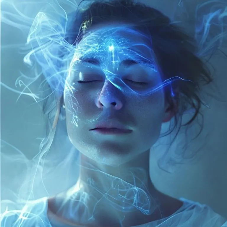 Una persona meditando con serenidad mientras un escudo de luz azul la protege de sombras, representando la fortaleza interior y la protección de Miguel.