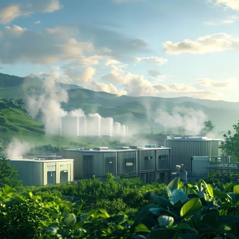 Planta de producción de hidrógeno verde con electrolizadores y turbinas eólicas en el fondo, simbolizando la transición energética y la sostenibilidad.