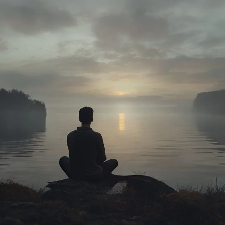 Persona sentada sola junto a un lago al amanecer, evocando introspección y fuerza tranquila.
