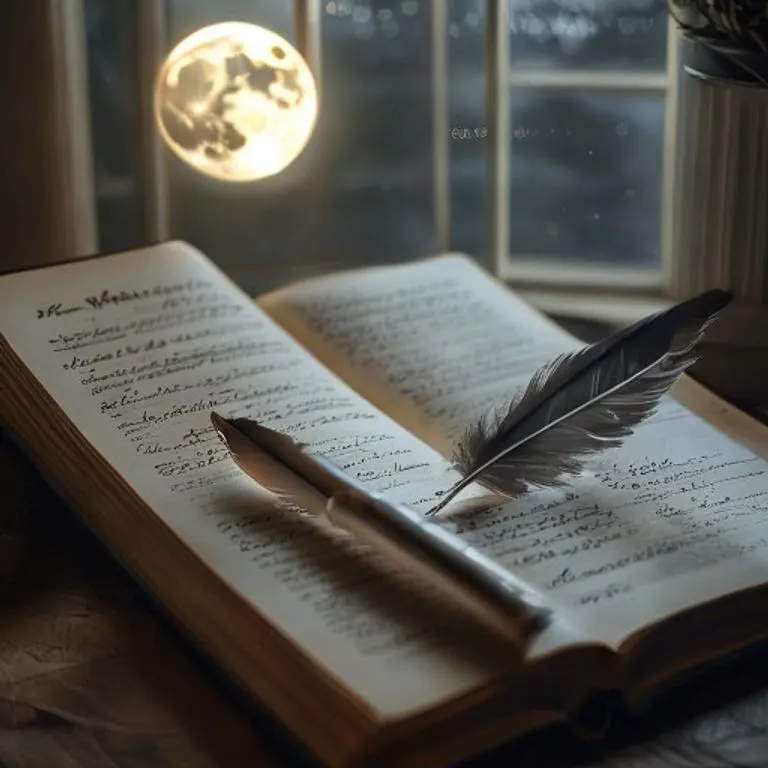 Manos escribiendo intenciones en un papel a la luz de una vela, con símbolos lunares sutiles en el fondo, representando el ritual de Luna Nueva para la manifestación.