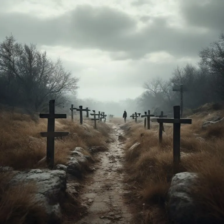 Un sendero serpenteante a través de un paisaje montañoso y árido, bajo un cielo nublado y dramático. La imagen evoca un viaje espiritual y una peregrinación. Fotografía cinematográfica con tonos terrosos.