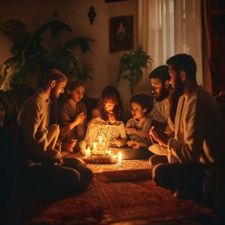 Una familia de diversas generaciones orando unida frente a una imagen del Sagrado Corazón de Jesús, representando la devoción familiar y la unidad en la fe.