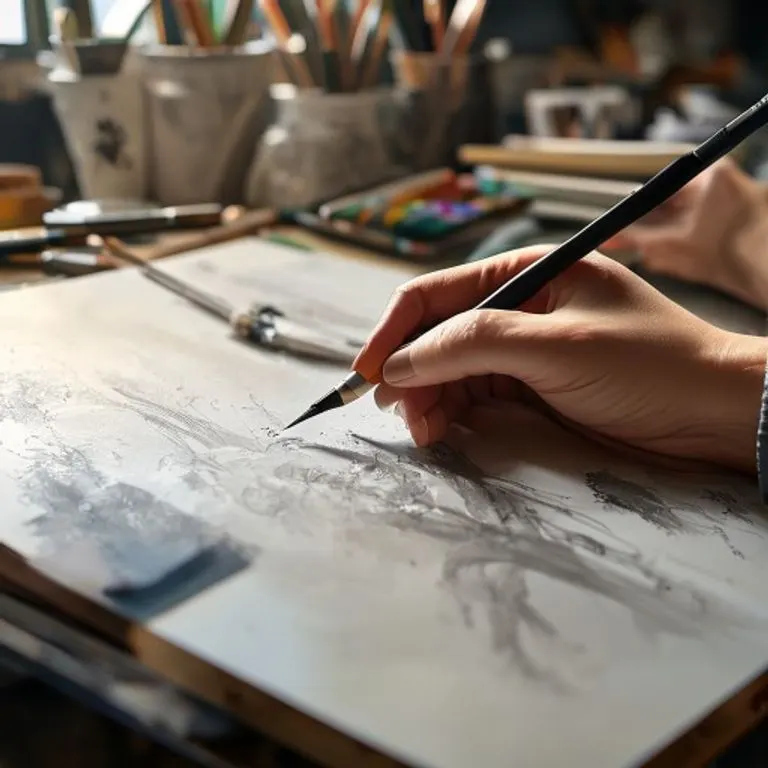 Artist's hand sketching intricate details on a canvas, symbolizing creativity and attention to detail.
