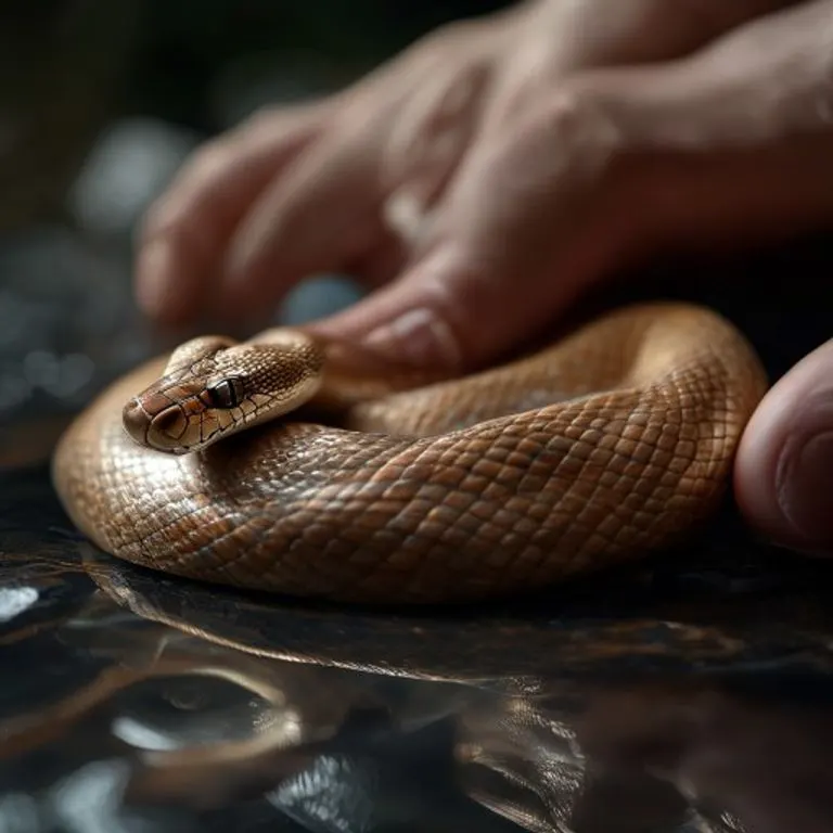 A close-up of hands delicately carving a wooden snake, highlighting the intricate details and the focused, patient effort required. The scene is bathed in soft, natural light, emphasizing craftsmanship and thoughtful creation.