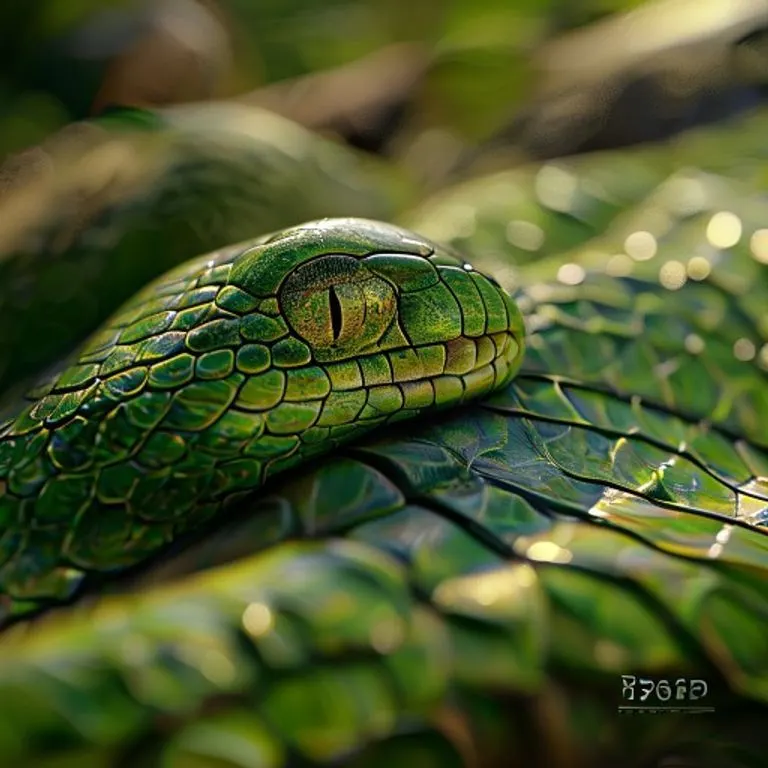 A macro photograph of iridescent snake scales, showing intricate patterns and a play of light and shadow. The detail highlights the natural beauty and complexity of the snake, symbolizing hidden depths and subtle power.