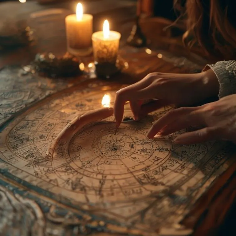 Astrologer's hands interpreting an antique natal chart, revealing karmic insights and past life connections.