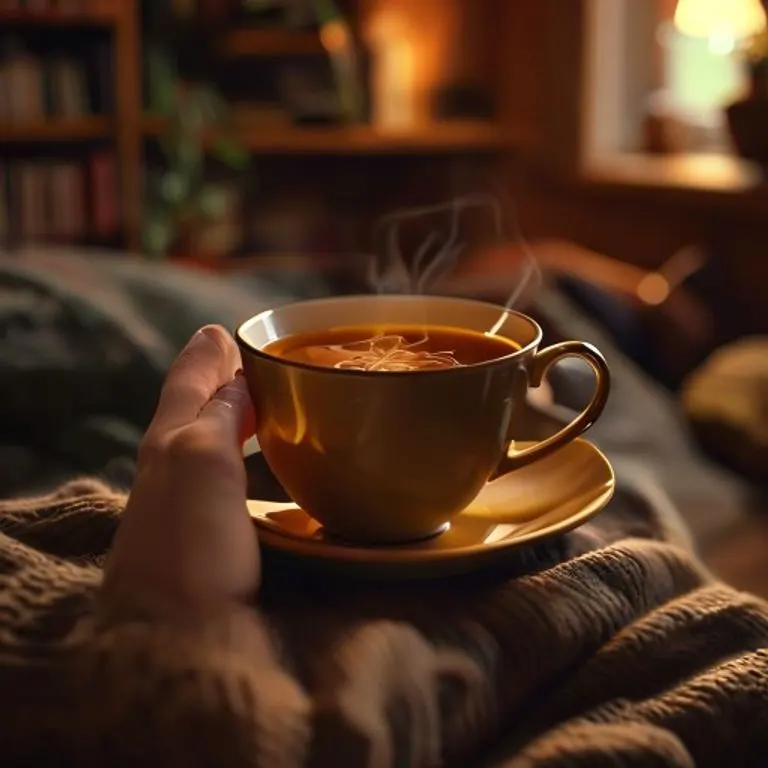 Manos sosteniendo una taza de té de hierbas en un ambiente acogedor, simbolizando relajación.