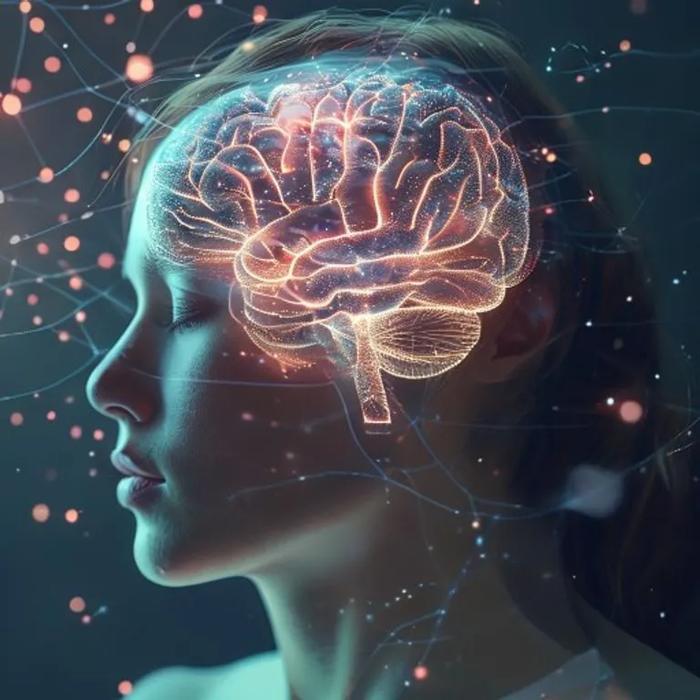 Representación visual del cerebro con patrones de luz, simbolizando la restauración cognitiva durante el sueño.