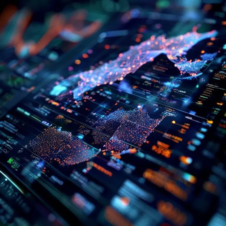Pantalla digital futurista mostrando visualizaciones de datos ambientales complejos, como patrones climáticos y niveles de contaminación, con análisis de IA.