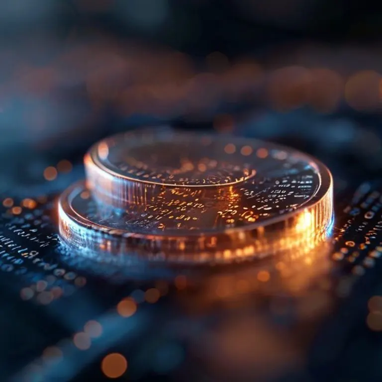 Una mano sostiene una criptomoneda digital brillante, con un fondo abstracto de código binario y elementos futuristas que sugieren el futuro de las finanzas.