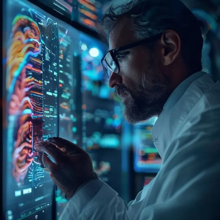 Científico analizando datos complejos de neuroimagen en una pantalla transparente, rodeado de gráficos y modelos 3D de cerebros.
