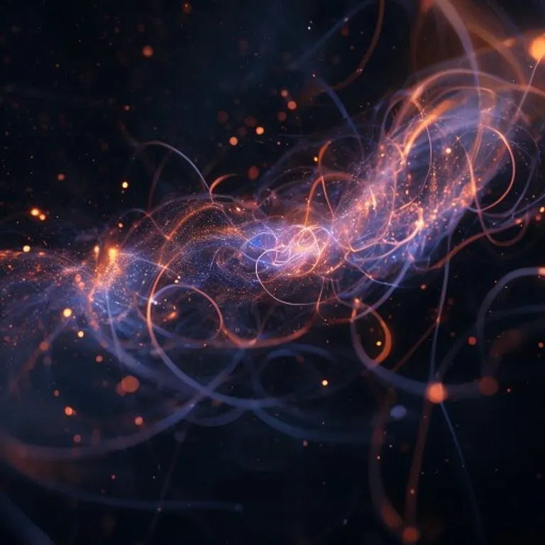 Visualización abstracta del entrelazamiento cuántico, con partículas luminosas interconectadas por hilos de energía, flotando en un espacio oscuro y místico, representando la complejidad de la física cuántica.