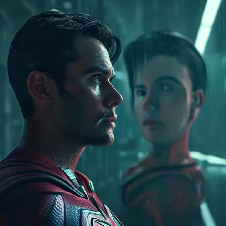 Un héroe de ficción contemplando su reflejo en un espejo roto, donde cada fragmento muestra una versión alternativa de sí mismo, simbolizando las realidades divergentes del multiverso en la narrativa popular.