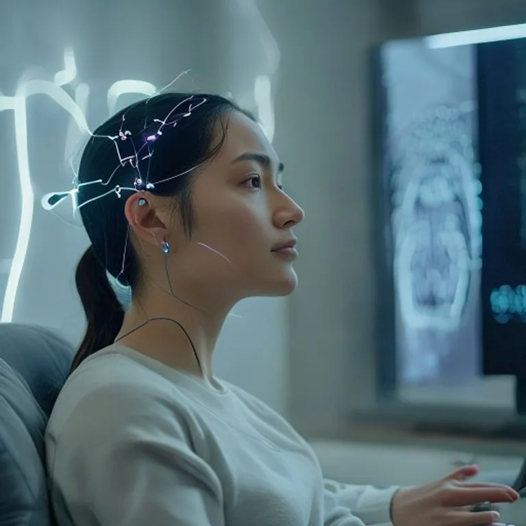 Una persona en una sesión de neurofeedback, con electrodos discretos en la cabeza, observando patrones de ondas cerebrales en una pantalla, en un entorno terapéutico moderno y tranquilo.