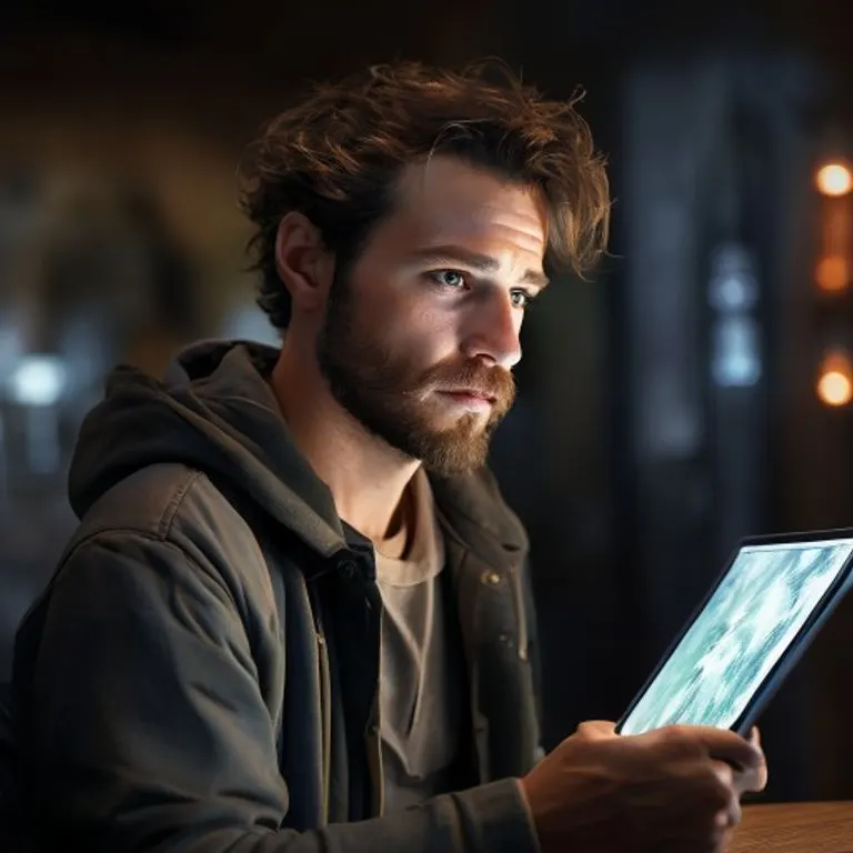 Retrato de una artista pensativa mirando una tableta con arte generado por IA.
