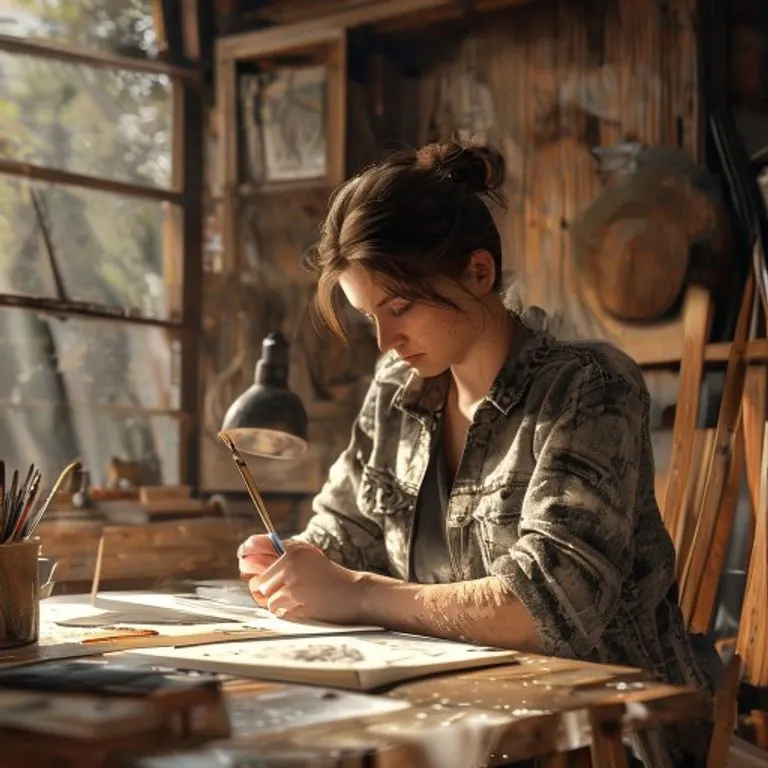 Persona dibujando en un estudio de arte con luz natural y elementos de madera, mostrando concentración y creatividad.