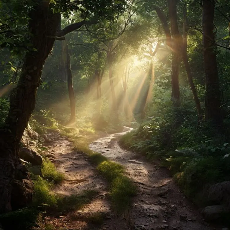 Camino sinuoso a través de un bosque exuberante al amanecer, con rayos de sol filtrándose, simbolizando desafíos y oportunidades.
