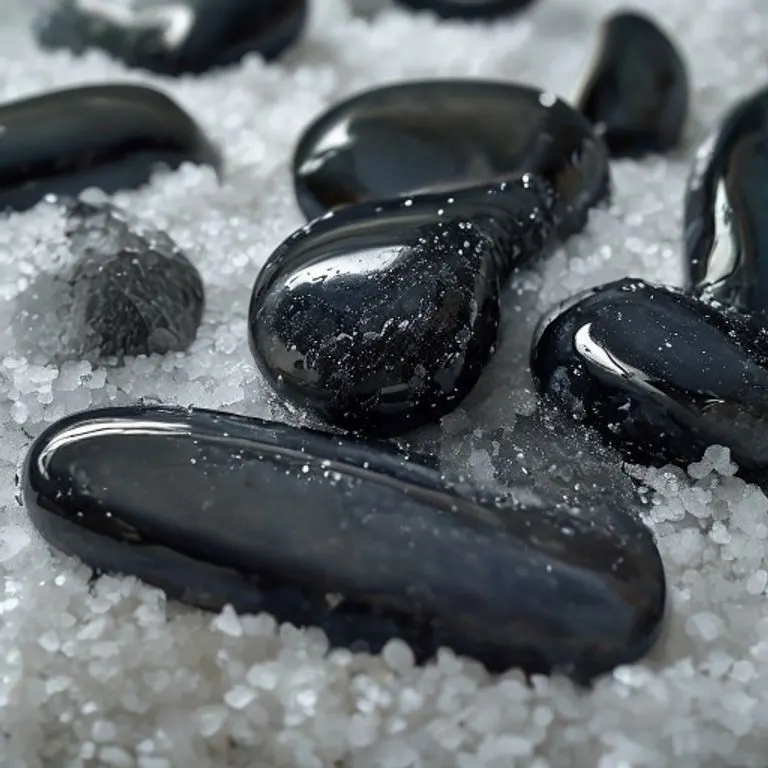 Una piedra de obsidiana negra pulida sobre una cama de sal marina, simbolizando la protección y limpieza energética de cristales.