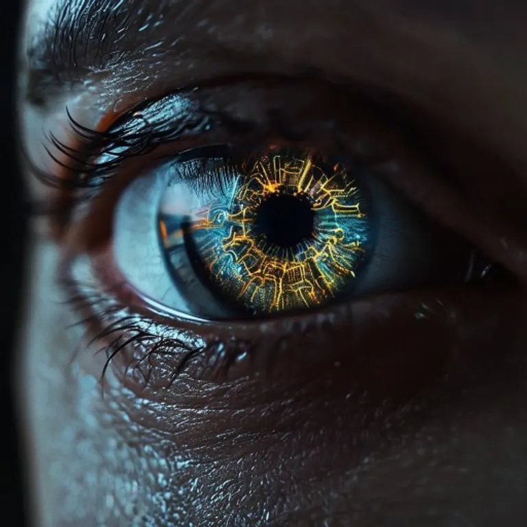 Primer plano de un ojo humano reflejando patrones digitales y hologramas, simbolizando la percepción inmersiva.