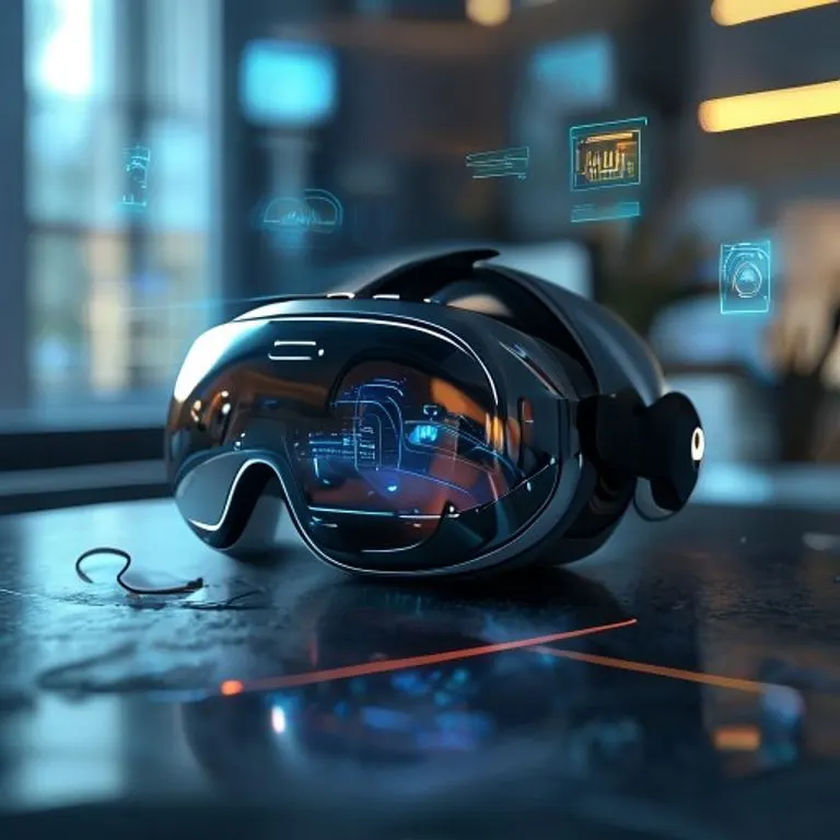Auriculares de realidad virtual sobre un escritorio con proyecciones holográficas de gráficos y datos, simbolizando el futuro del trabajo y la educación.