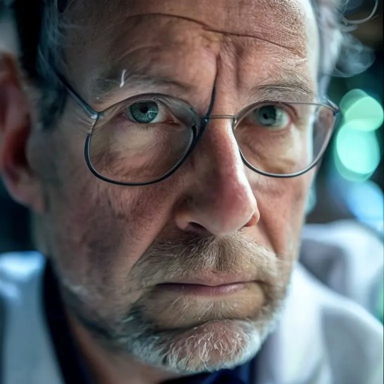 Retrato de primer plano de un científico con gafas, expresión reflexiva y determinada, mirando hacia el futuro de la investigación climática.