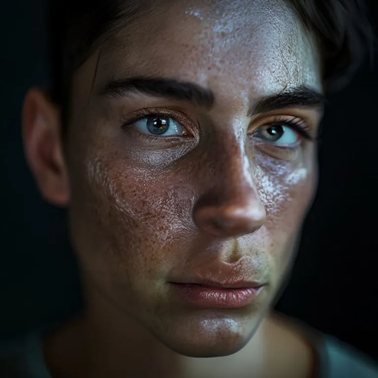 Primer plano de un rostro con expresión concentrada y decidida, con un sutil brillo metálico en la piel, reflejando la disciplina y fuerza interior.