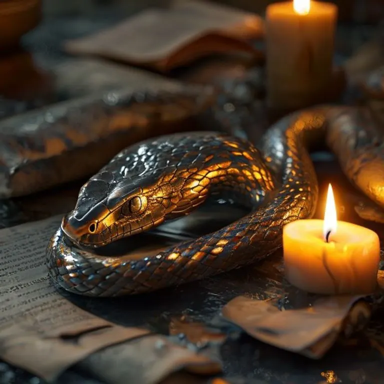 Fotografía macro de una elegante figura de serpiente metálica, descansando sobre una superficie oscura, rodeada de pergaminos antiguos, simbolizando la sabiduría ancestral.