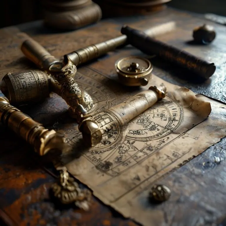 Antiguos instrumentos astrológicos como un astrolabio, un compás y pergaminos sobre una mesa de madera, evocando un estudio de astrología vintage.