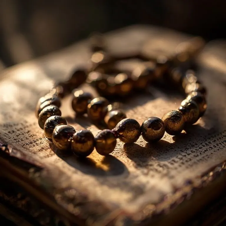 Rosario antiguo sobre un libro sagrado abierto, con luz suave, evocando tradición y devoción.