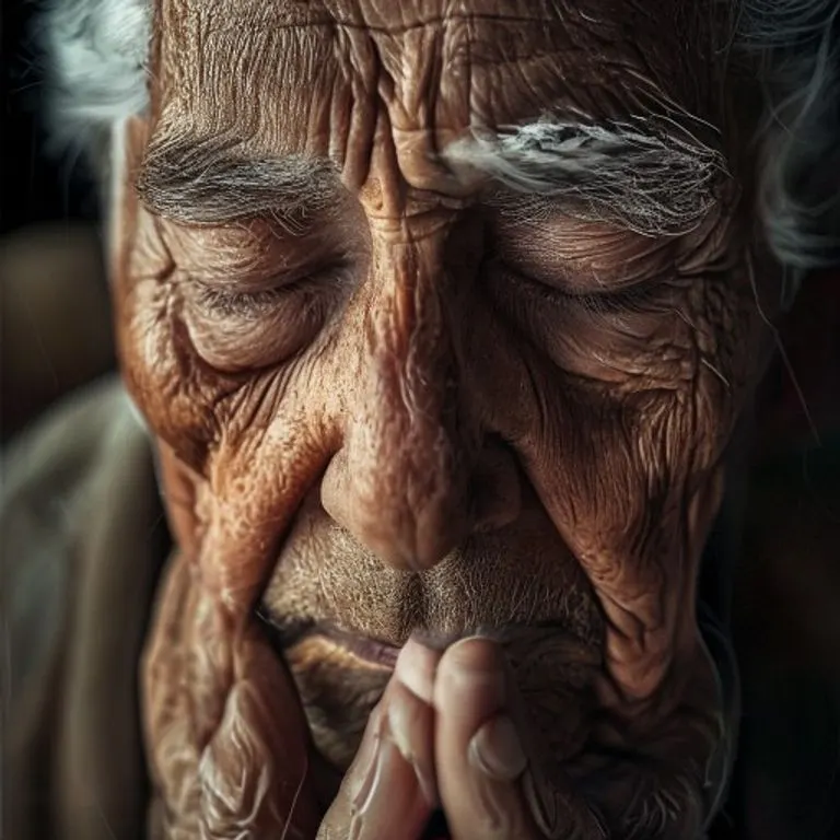 Primer plano de un rostro de anciano en profunda oración, con expresión de paz y devoción.