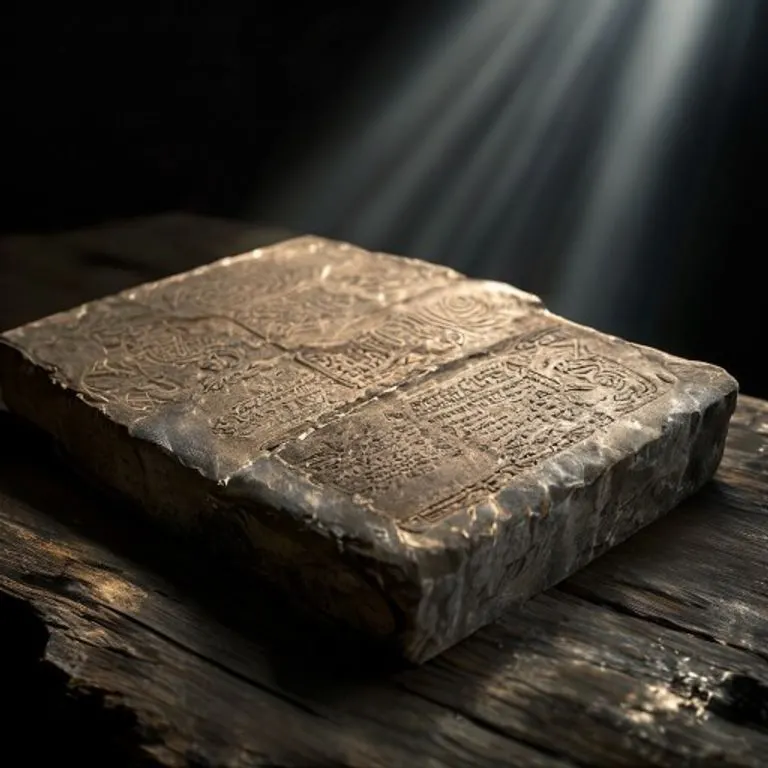 Tablas de piedra antiguas con grabados, iluminadas por un rayo de luz.