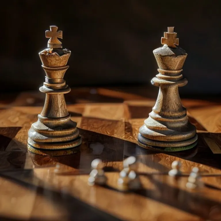 A still life arrangement of classic chess pieces on a wooden board, with a prominent queen and rook positioned strategically, symbolizing the complex power dynamics and strategic interplay within a relationship.
