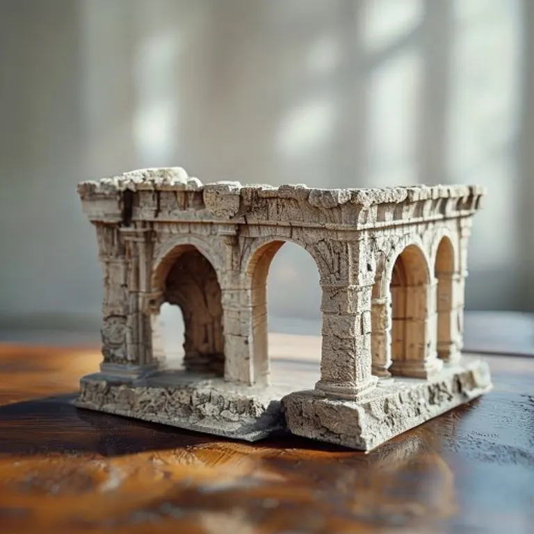 Maqueta miniatura de acueducto romano de piedra sobre mesa de madera, simbolizando la avanzada ingeniería.