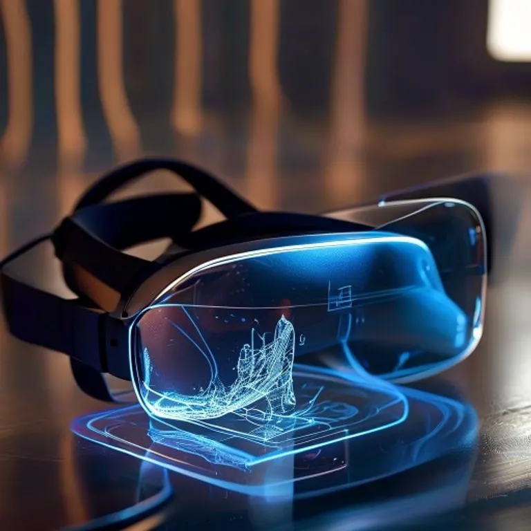 Un elegante casco de realidad virtual descansa sobre una mesa futurista, rodeado de luces de neón que reflejan su tecnología avanzada.