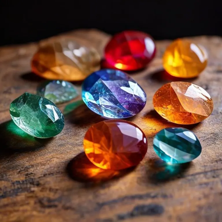 Gemas de colores representando los siete chakras principales en una superficie de madera.