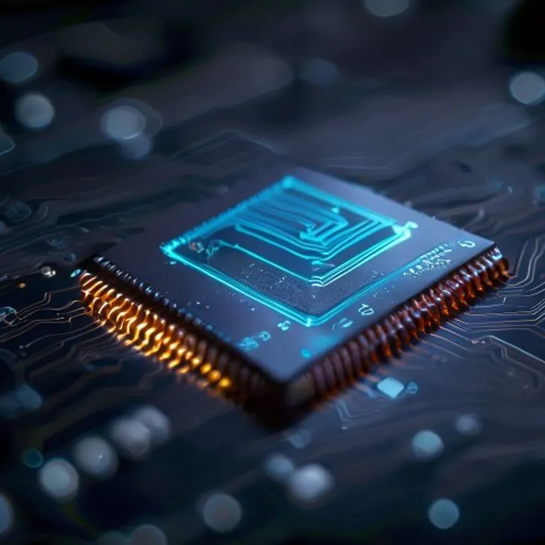 Un microchip de inteligencia artificial con intrincados circuitos luminosos, simbolizando el cerebro detrás de los algoritmos predictivos.