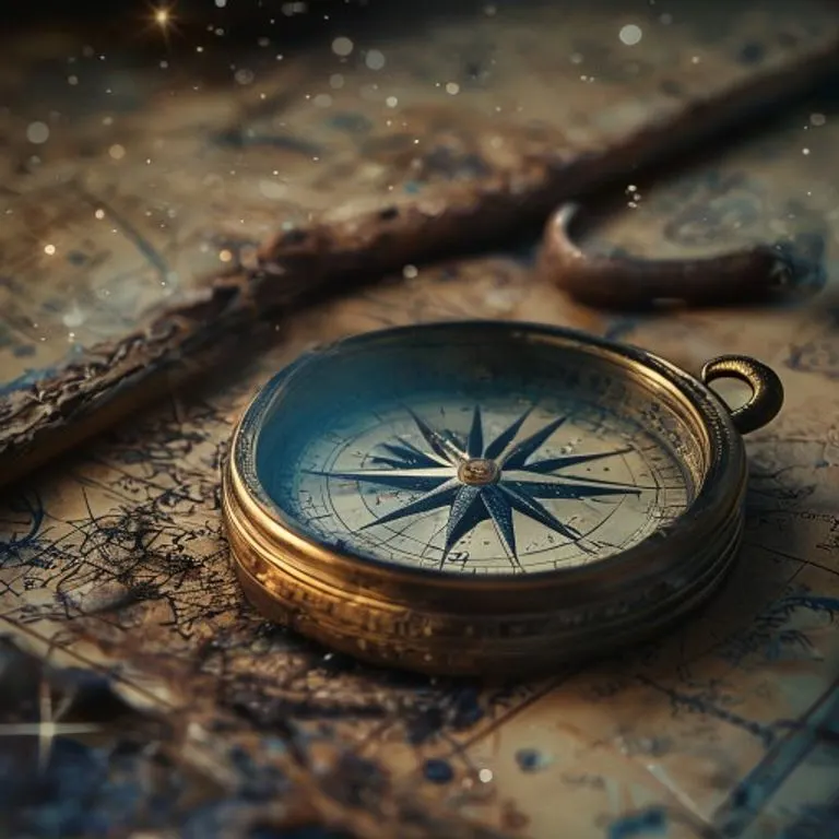 Antique brass compass resting on a celestial map, symbolizing cosmic guidance and astrological navigation