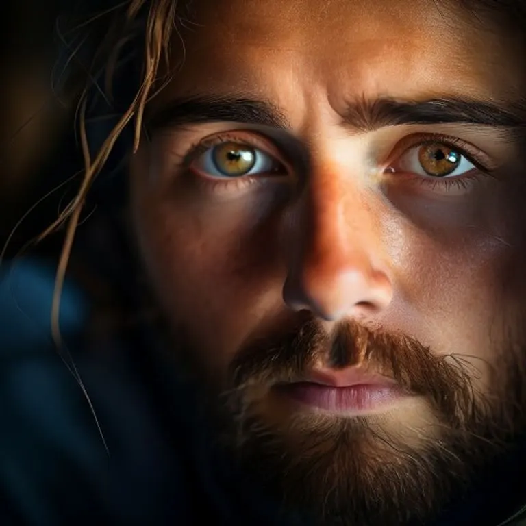 Close-up portrait of a person with thoughtful, serene eyes, reflecting deep introspection and understanding of astrological charts.