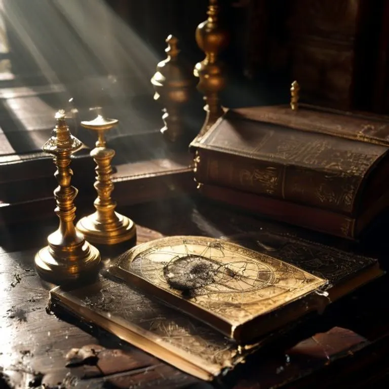 Still life photograph of antique astrological tools: a brass astrolabe and a small, leather-bound book on a dark wooden table, illuminated by a single light beam, symbolizing cosmic knowledge.