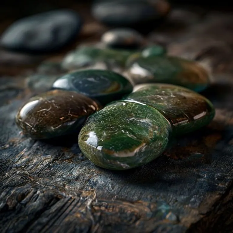 Piedras de jade pulidas sobre una superficie de madera, simbolizando la estabilidad y la sabiduría en las relaciones.