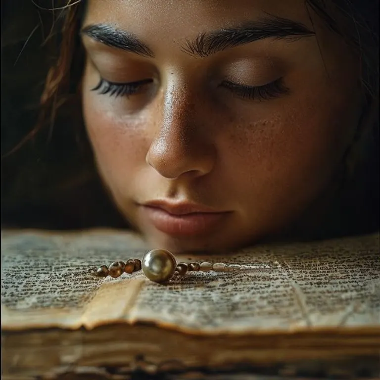 Primer plano de un rosario antiguo con cuentas de nácar sobre una Biblia abierta.