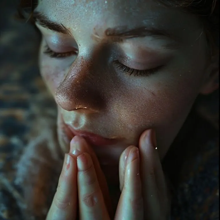 Rostro sereno de una persona en oración profunda, con los ojos cerrados, reflejando paz y conexión espiritual.