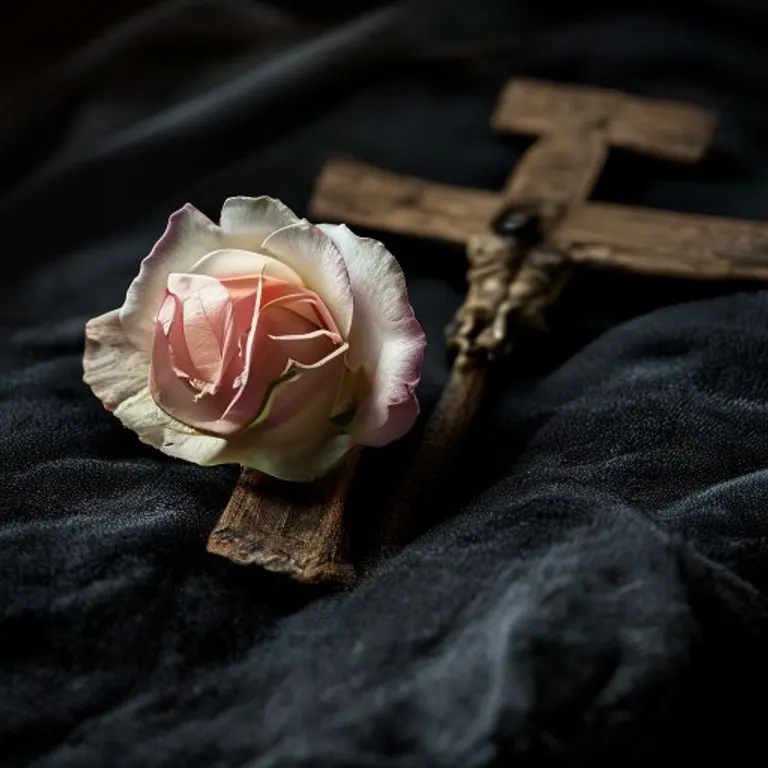 Crucifijo antiguo de madera con detalles metálicos, adornado con una rosa roja fresca, simbolizando fe, devoción y el amor sacrificial.