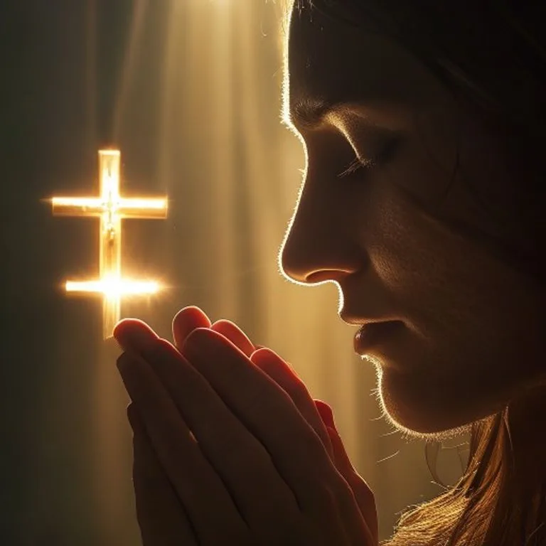 Luz de la Misericordia y Sanación Una silueta de una persona arrodillada en oración, con una luz etérea que emana de una cruz distante, simbolizando la misericordia divina y la sanación espiritual.