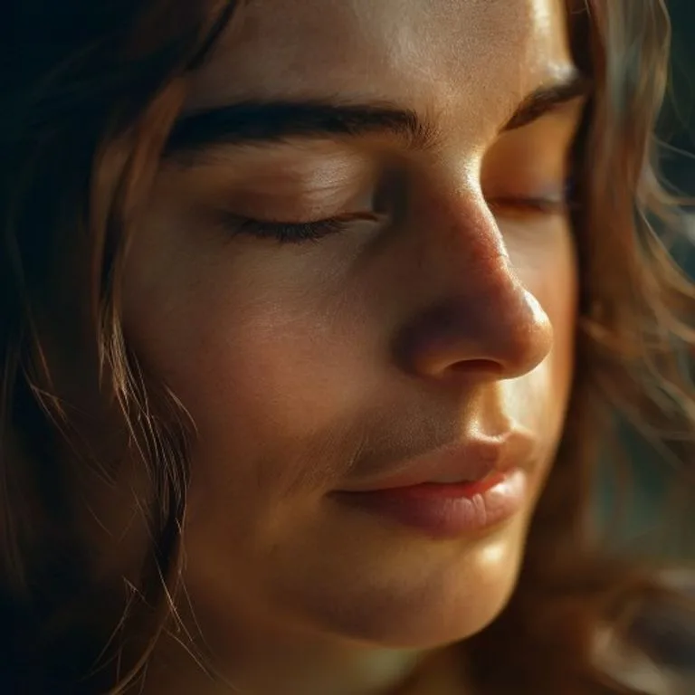 Retrato de mujer serena con ojos cerrados, expresando paz interior y contemplación espiritual.
