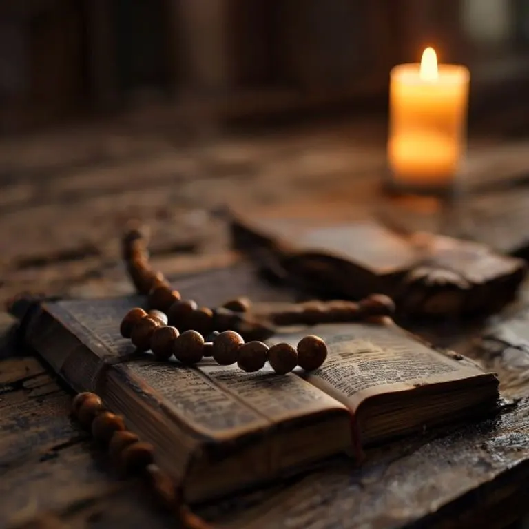Bodegón de rosario sobre libro de oraciones con vela encendida, evocando devoción y ambiente sagrado.