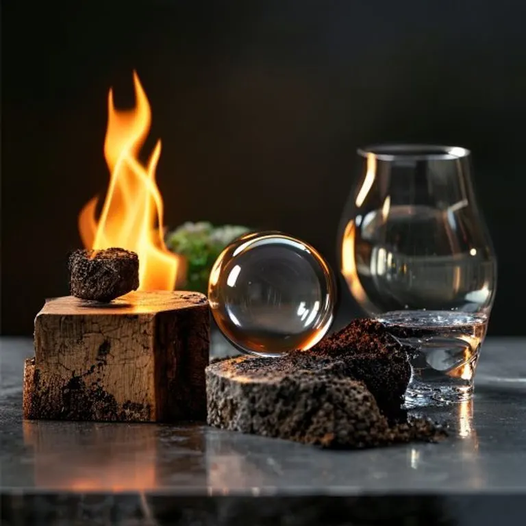 Still life showing the five elements: wood, fire, earth, metal, water