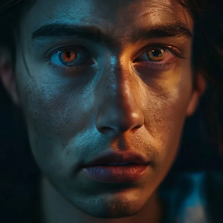 Close-up portrait of a person's face, with subtle dual lighting representing inner and outer self