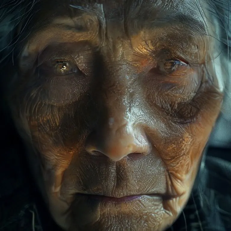 Rostro sereno de una mujer asiática mayor con ojos profundos y sabios, reflejando introspección y experiencia.